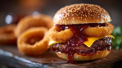 Gourmet Burger With Onion Rings And Rich Barbecue Sauce Layers