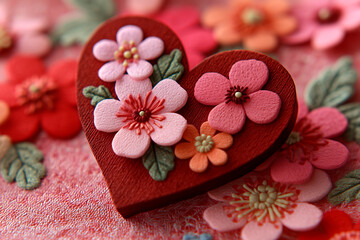 An ornate, deep red textured heart decorated with delicate fabric flowers in pink and orange shades.