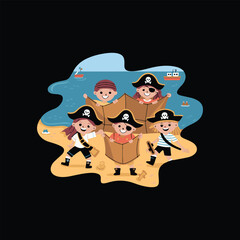 Naklejka premium Happy Children Dressed as Pirates Playing on a Beach with Cardboard Ship and Ocean Background