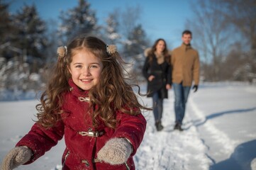 Fototapeta premium Young girl walking on snowy path with parents