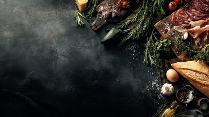 Rustic wooden board with assorted meats, fresh herbs, tomatoes, cheese, eggs, spices, and bread arranged on a dark textured background for culinary themes