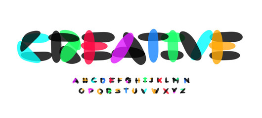 Obraz premium Creative Font Logo Alphabet Blocks Letter Set Modern Typography, Fun Art Creativity Typographic Design for Bright Summer Poster Headline, Color Type Symbol Logotype, Colorful Fonts. Vector Typeface