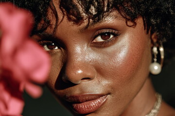 Woman gazes at the camera with a flower in the foreground during daytime
