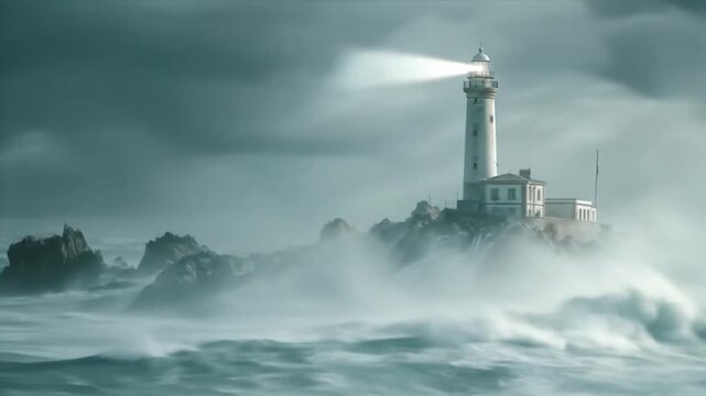 Dramatic lighthouse guiding through a stormy sea, casting a powerful beam over crashing waves and misty rocky cliffs.