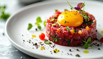 Gourmet beef tartare with fresh ingredients and bright egg yolk, tasty food. Delicious meal. Cooking