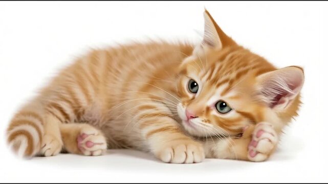 A small orange tabby kitten lies on a white surface looking directly at the camera