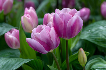 Fototapeta premium Pretty pink tulips blooming in a hosta garden.