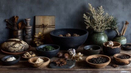 Rustic kitchen scene featuring an assortment of herbs, spices, fresh ingredients, wooden utensils, and decorative elements in natural lighting