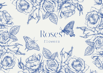 Toile art Vector vintage floral background, flowering frame blue beige. Roses flowers and butterflies engraved elements. Hand drawn illustration for design greeting card, wedding decor, invitation © Olha