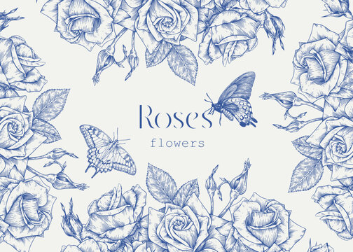 Toile art Vector vintage floral background, flowering frame blue beige. Roses flowers and butterflies engraved elements. Hand drawn illustration for design greeting card, wedding decor, invitation