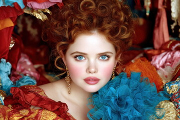 Woman with curly red hair poses with a blue decoration in a colorful setting filled with fabrics and vibrant colors during the day
