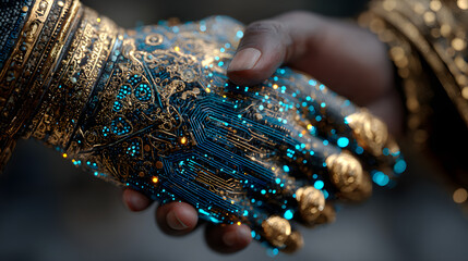 a digital handshake blending human and technology with glowing circuit board patterns futuristic style dark background concept of innovation ai generative