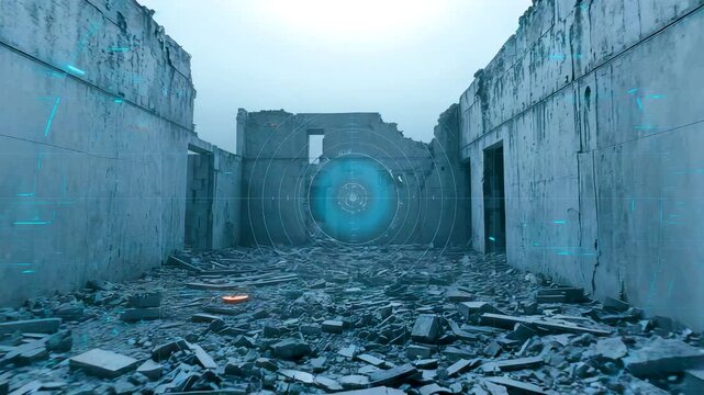 Abandoned Concrete Ruins with Glowing Blue Circular Portal in Misty Foggy Corridor Epic Post-Apocalyptic Scene