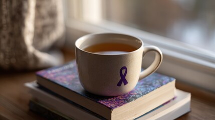 feminist coffee corner, a mug of tea or coffee with a purple design symbolizing female power, set on books by female authors