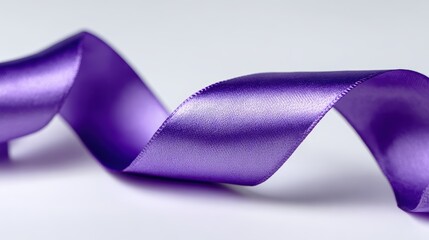 high-fashion ribbon display, a neatly tied purple silk ribbon against a white backdrop, shot in a high-key studio with wide format to emphasize negative space deep focus reveals the intricate texture
