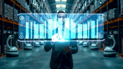 Businessman in dark suit interacting with floating holographic data visualization panels while surrounded by advanced autonomous warehouse robots in large industrial storage facility - Powered by Adobe