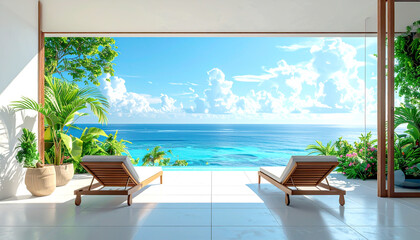 Fototapeta premium Luxuriöse Terrasse mit Meerblick und Infinitypool im tropischen Paradies