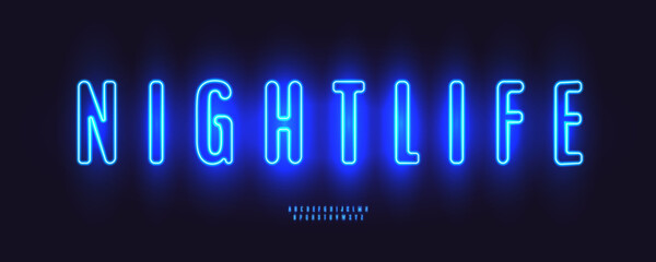 Fototapeta na wymiar Glow Neon Blue Font Logo Alphabet Vector Condensed Letters Set Modern Typography, Glowing Typographic Design for Sign Title Text, Typo Poster Headline, Led Contour Sans Serif Fonts. Vector Typeface