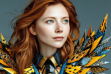 Model poses with bright outfit featuring bold colors and unique patterns at a fashion event in a studio setting during daylight