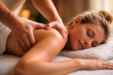 Obraz premium Serene Massage: A person experiences tranquility as skilled hands deliver a relaxing massage, releasing tension and promoting well-being. Capturing a moment of blissful escape and rejuvenation.