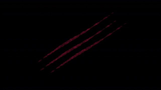 three claw slash marks like three red slashed blood marks caused by a clawed creature or monster from a horror film slasher movie or low budget B movie 4K animation