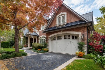 A charming house featuring a brick exterior and a spacious garage is nestled in a vibrant suburban neighborhood, surrounded by an array of colorful trees and lush plants under the bright sunshine