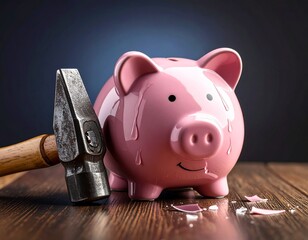 Sad piggy bank with tears on its face standing next to a hammer, preparing to be broken. Financial crisis, savings, and bankruptcy concept.