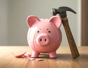 Sad piggy bank with tears on its face standing next to a hammer, preparing to be broken. Financial crisis, savings, and bankruptcy concept.