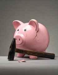 Sad piggy bank with tears on its face standing next to a hammer, preparing to be broken. Financial crisis, savings, and bankruptcy concept.