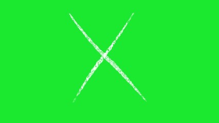 cross X hand drawn in white chalk on a chroma key green background animation 4K