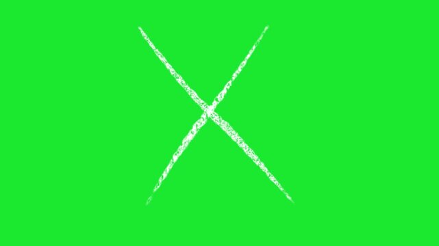 cross X hand drawn in white chalk on a chroma key green background animation 4K