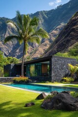 Luxury stone house with swimming pool at the foot of a mountain in Kauai with a beautiful palm tree and a green lawn on a sunny day