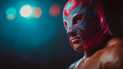 Mexican wrestler, with his mask, background lights. fighter. tradition. ring. power