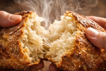 Hands Tearing Fresh Steaming Bread Loaf