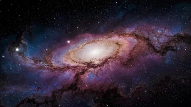 This breathtaking video explores the vastness of space, showcasing a stunning galaxy filled with swirling clouds of colors. Vibrant hues of purple and blue create a captivating view that highlights th