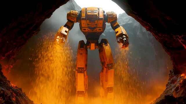 Massive orange robotic mech standing in dark cave glowing lava sparks falling around dramatic illumination