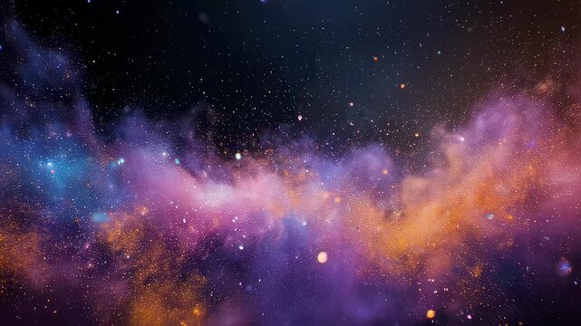 This mesmerizing video transports viewers through a vibrant cosmic landscape filled with swirling galaxies and shimmering stars. The stunning colors of purple, blue, and orange create an enchanting ex