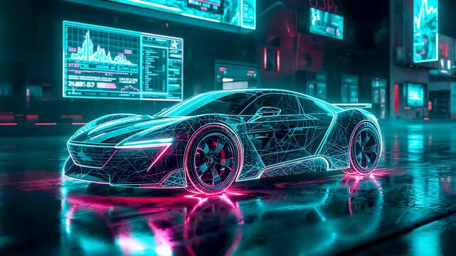 Neon glowing wireframe sports car hologram cyan pink lights reflections sleek supercar design in dark tech environment