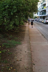A long perspective of a narrow city sidewalk next to a lush green embankment with people walking in...