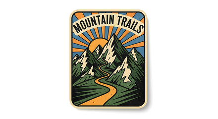 A Vintage Inspired Outdoor Badge Illustration for Mountain Trails with Sun Rays