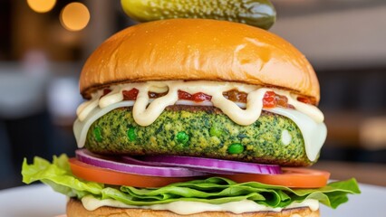 Delicious Veggie Burger with Lettuce Tomato Onion Pickle