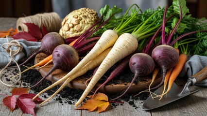 Freshly Harvested Vegetables on Rustic Wooden Table