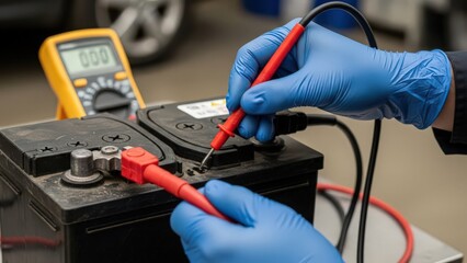 Technician Testing Car Battery with Multimeter and Leads