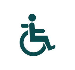 A green icon of a person in a wheelchair on a white background, symbolizing accessibility and disability awareness
