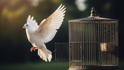 White Dove Flying Free from Open Bird Cage in Nature