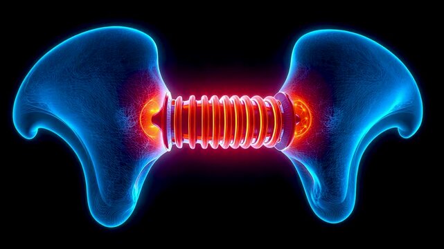 Glowing blue butterfly shaped human pelvis with red orange spinal column vertebrae highlighted in center