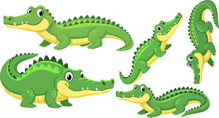Collection of several cute cartoon green crocodiles in various playful poses showing happy expressions on white background