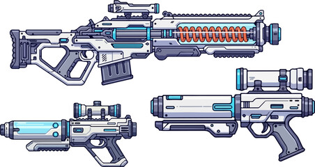 A collection of futuristic white and blue sci-fi energy weapons designs including a rifle and pistols on white background