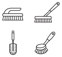 Line art cleaning tools set featuring various household scrubbing brushes for domestic chores