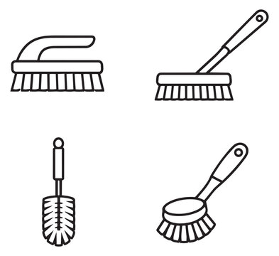Line art cleaning tools set featuring various household scrubbing brushes for domestic chores